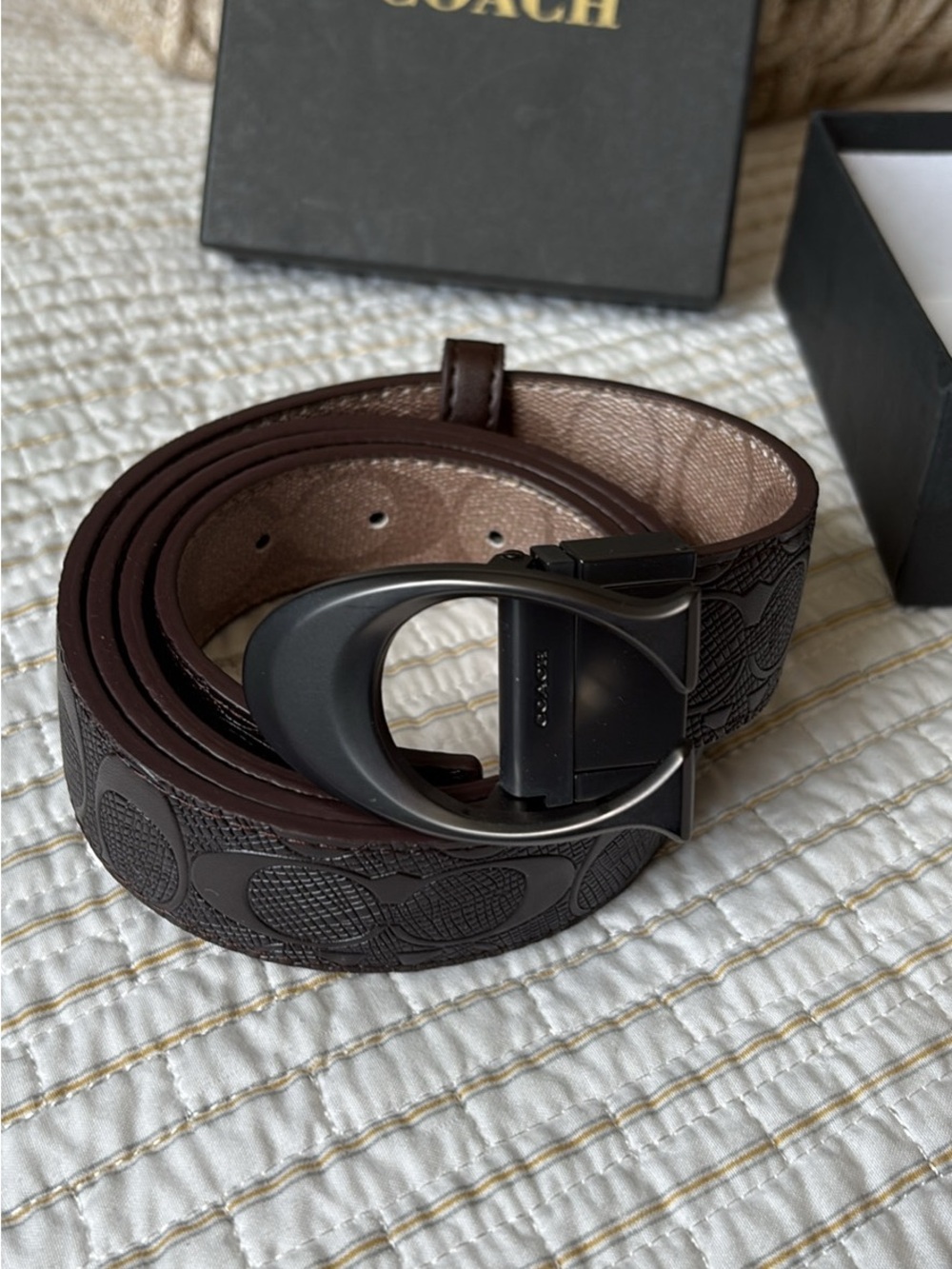 Coach Men's Dark Brown Signature Canvas Belt with Gunmetal Buckle - Picture 2 of 3